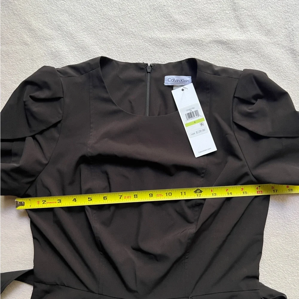 Calvin Klein Tulip Sleeve Fit & Flare Midi Dress Black Women’s 4 Belted Waist - Picture 15 of 16